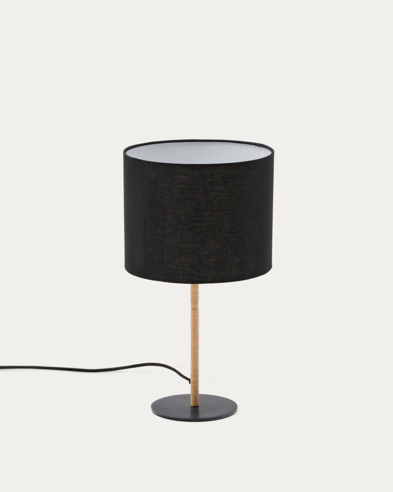 Lámpara de mesa Pina de metal y ratán con pantalla de algodón negro