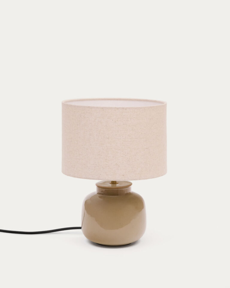 Lámpara de mesa Tay de cerámica verde y lino beige
