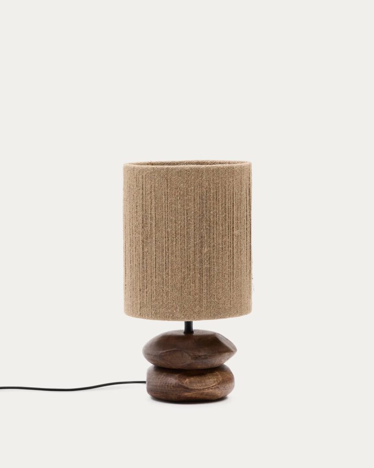 Lámpara de mesa Kor de madera de acacia con acabado oscuro y yute