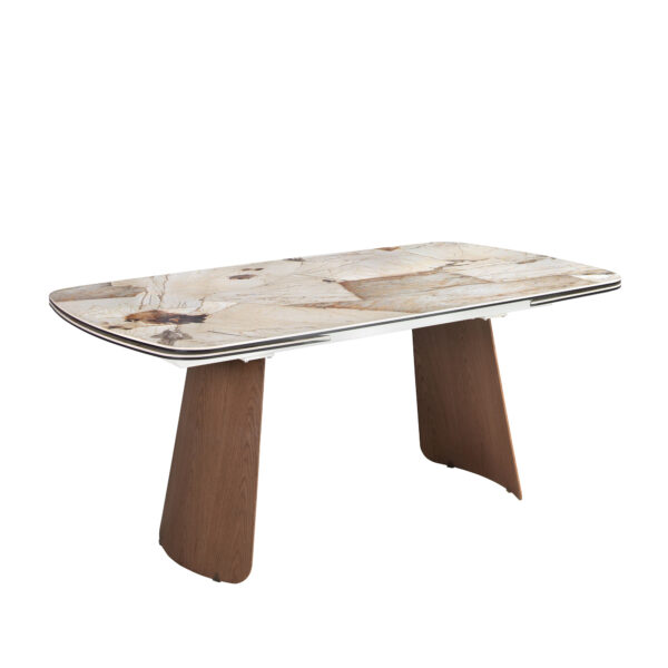 Mesa comedor extensible ovalada barril mármol porcelánico y nogal