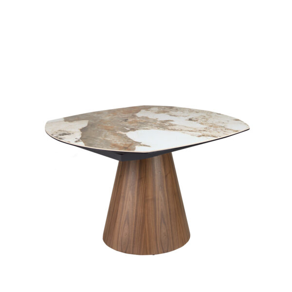 Mesa comedor extensible ovalada barril mármol porcelánico y nogal