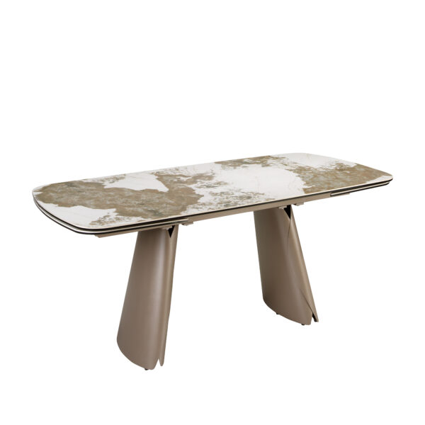 Mesa comedor extensible ovalada barril mármol porcelánico y acero taupé metalizado