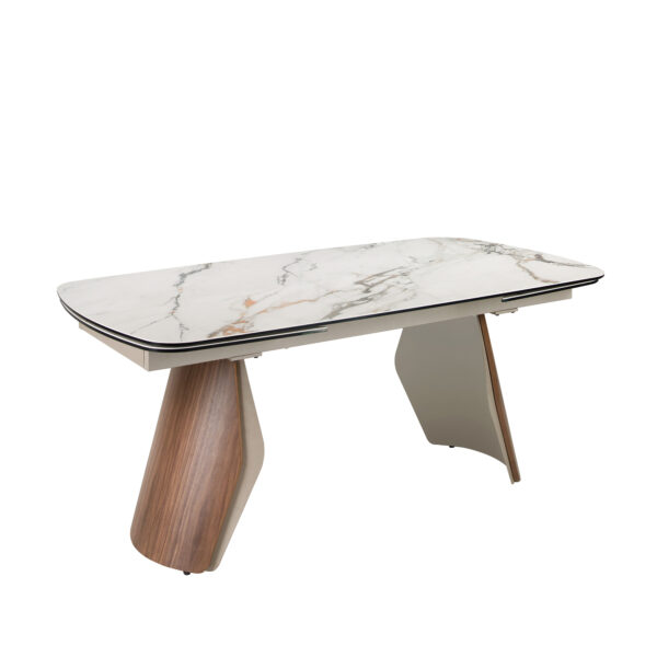 Mesa comedor extensible ovalada barril mármol porcelánico, acero arena metalizado y nogal
