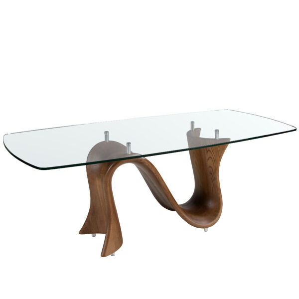 Mesa comedor ovalada barril cristal templado y nogal