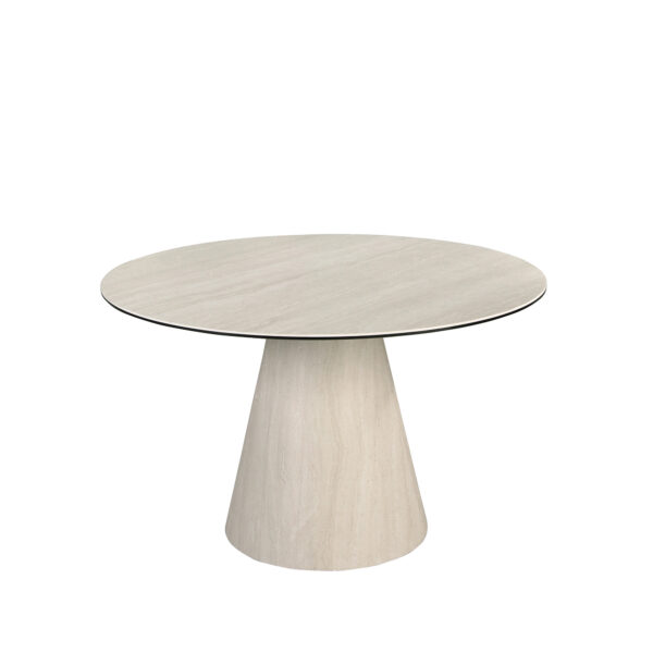 Mesa comedor redonda mármol porcelánico y madera revestida con lámina de mármol porcelánico flexible