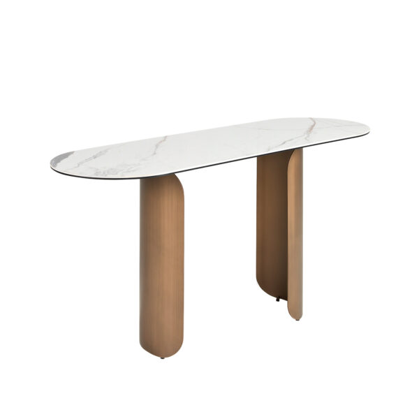 Consola ovalada medio punto mármol porcelánico y acero color bronce