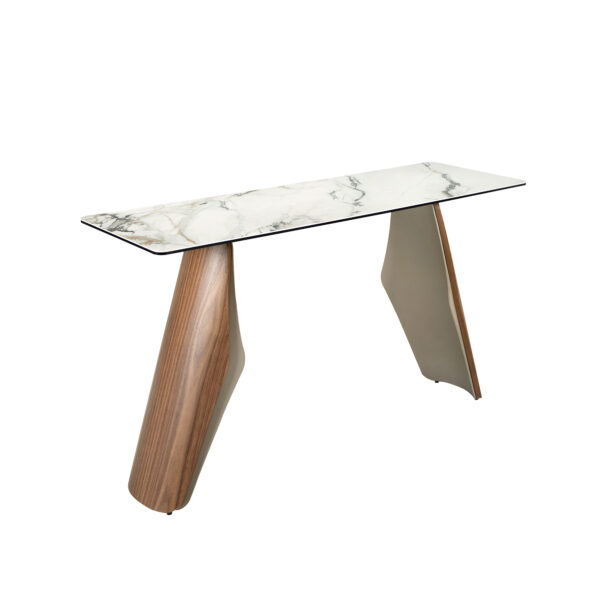 Consola rectangular mármol porcelánico, acero arena metalizado y nogal