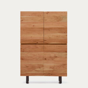 Aparador alto Uxue 4 puertas de madera maciza de acacia con acabado blanqueado y acero neg