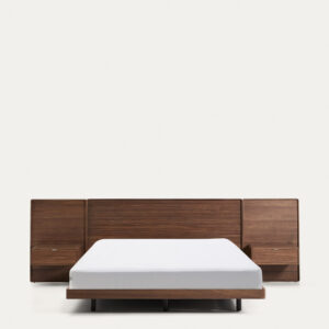 Cama Norlen con 2 mesitas de noche de chapa de nogal con acabado oscuro y luz LED para col