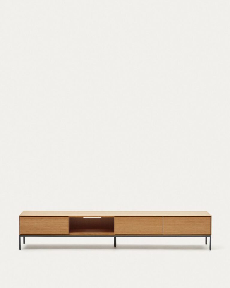 Mueble TV Vedrana 3 cajones de chapa de roble y patas de acero negro 195 x 35 cm