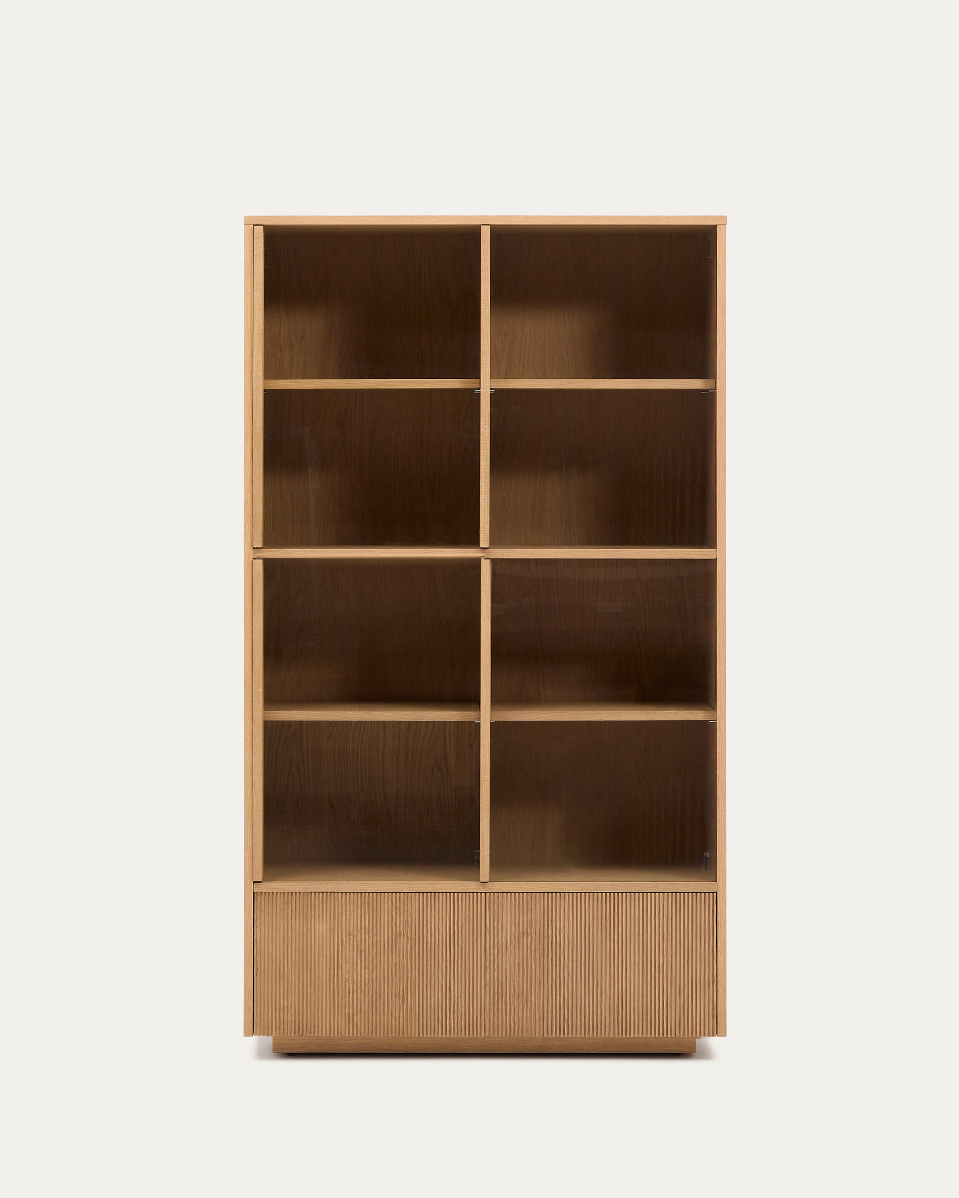 Vitrina Helvine 4 puertas y 2 cajones chapa de roble y vidrio templado 100x174cm FSC 100%