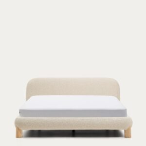 Cama desenfundable Odina bouclé crudo y patas de madera maciza de fresno con acabado tono