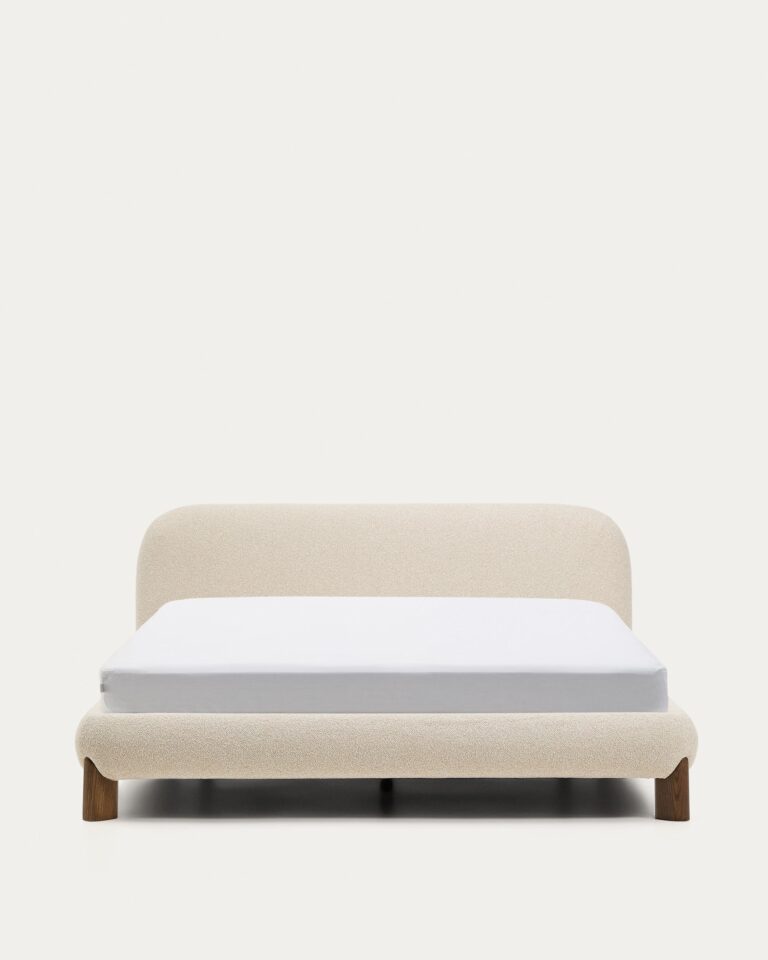 Cama desenfundable Odina bouclé crudo y patas de madera maciza de fresno con acabado tono