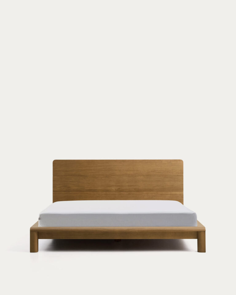 Cama Arelida de chapa y madera maciza de roble acabado marrón claro para colchón de 160 x