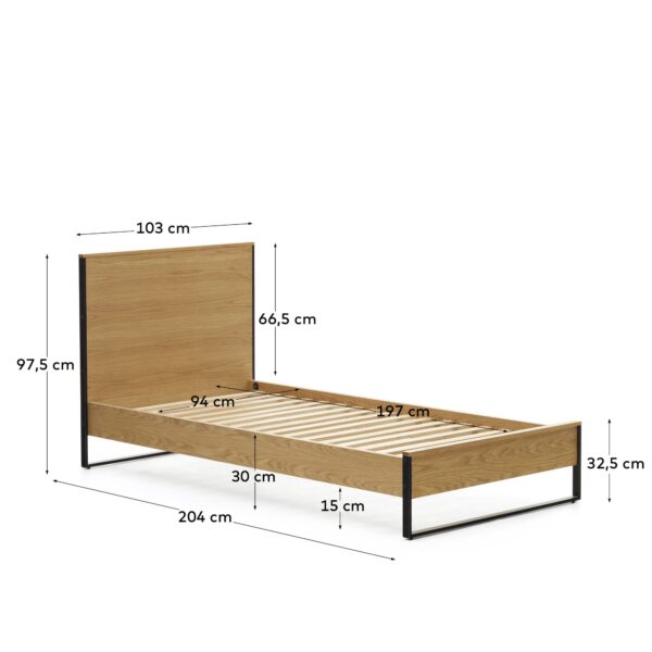 Cama Taiana de chapa de roble y patas de acero con acabado pintado negro 90 x 190 cm
