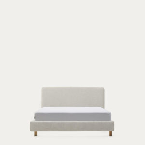 Cama desenfundable Valma de chenilla perla y patas madera maciza de haya colchón de 90x200