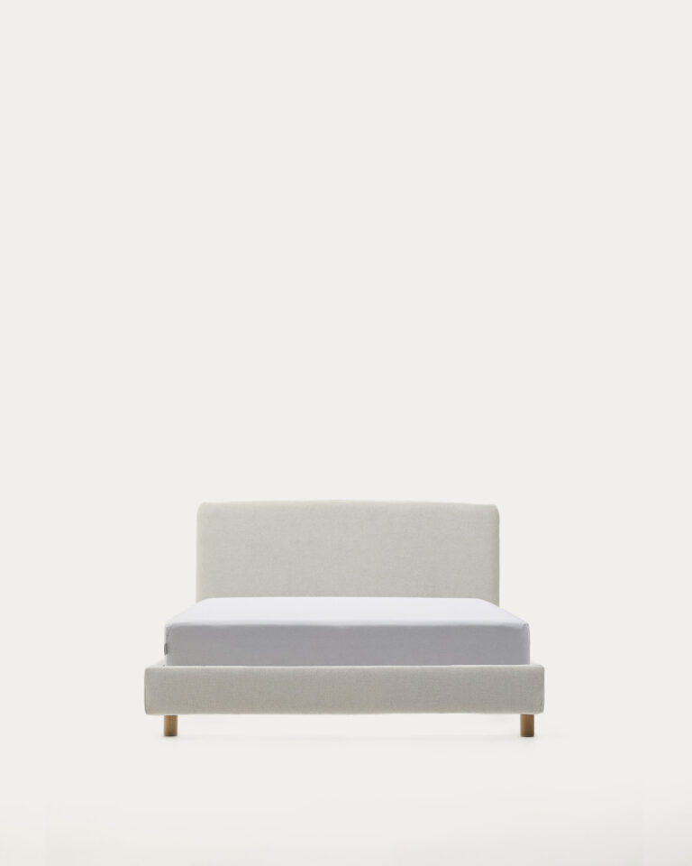 Cama desenfundable Valma de chenilla perla y patas madera maciza de haya colchón de 90x200