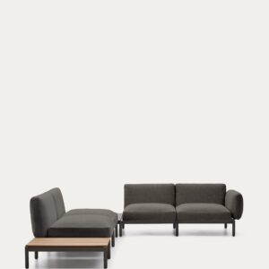 Sofá modular rinconero exterior Sorells 4 plazas tapizado gris y aluminio verde mesas teca