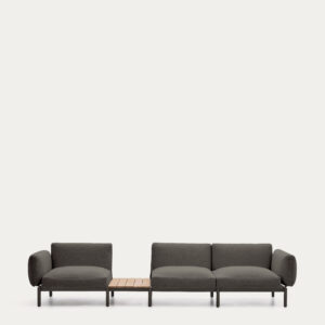Sofá modular exterior Sorells 3 plazas tapizado gris y aluminio verde con mesa de teca 341