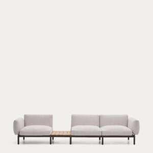 Sofá modular exterior Sorells 3 plazas tapizado beige y aluminio verde con mesa de teca 34