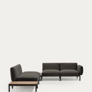 Sofá modular rinconero exterior Sorells 4 plazas tapizado gris y aluminio gris mesa de tec