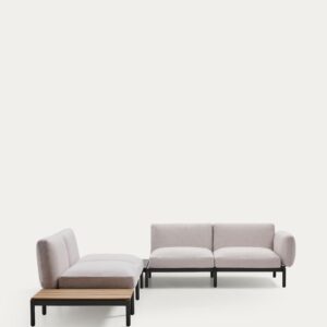 Sofá modular rinconero exterior Sorells 4 plazas tapizado beige y aluminio gris mesa de te
