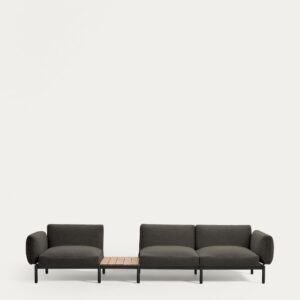 Sofá modular exterior Sorells 3 plazas tapizado gris y aluminio gris con mesa de teca 341