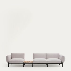 Sofá modular exterior Sorells 3 plazas tapizado beige y aluminio gris con mesa de teca 341
