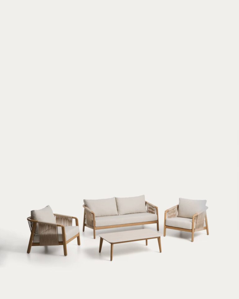 Set de exterior Sirte de sofá 3 plazas, 2 sillones y mesa de aluminio acabado efecto mader