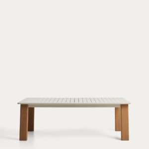 Mesa extensible Livorno de aluminio color crudo y patas efecto madera 233(350) x 100 cm