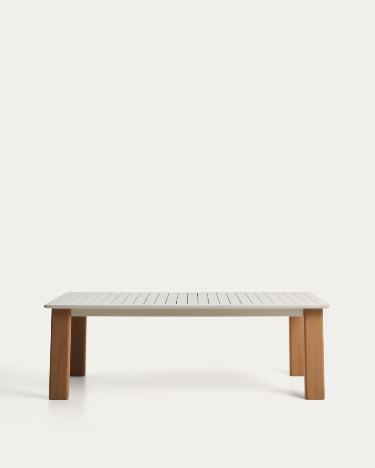 Mesa extensible Livorno de aluminio color crudo y patas efecto madera 233(350) x 100 cm