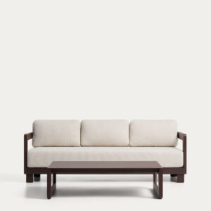 Set Nerano de sofá 3 plazas y mesa de centro de vidrio templado y aluminio marrón