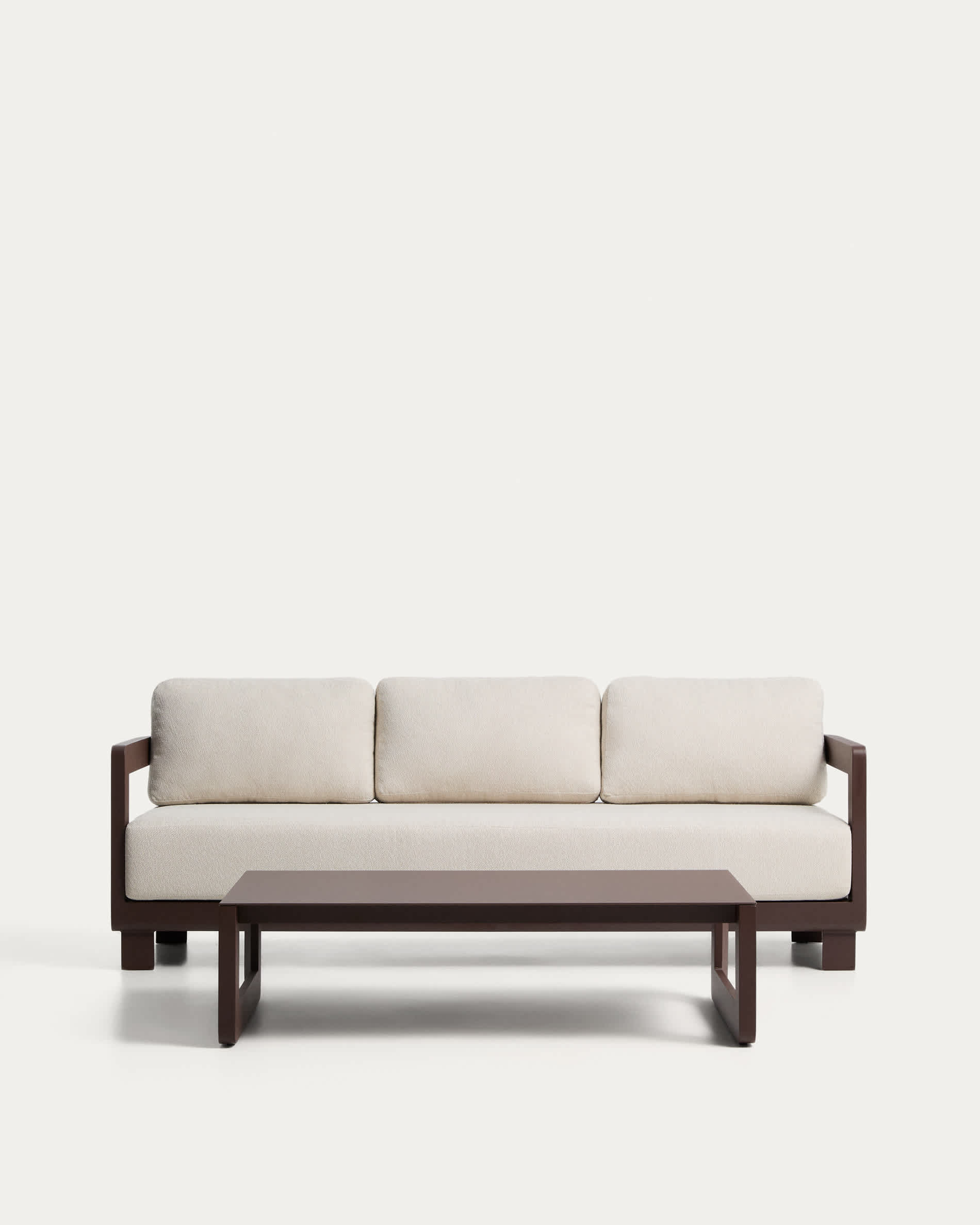 Set Nerano de sofá 3 plazas y mesa de centro de vidrio templado y aluminio marrón