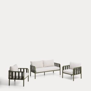 Set Omala de sofá de 2 plazas y 2 sillones con estructura de aluminio verde