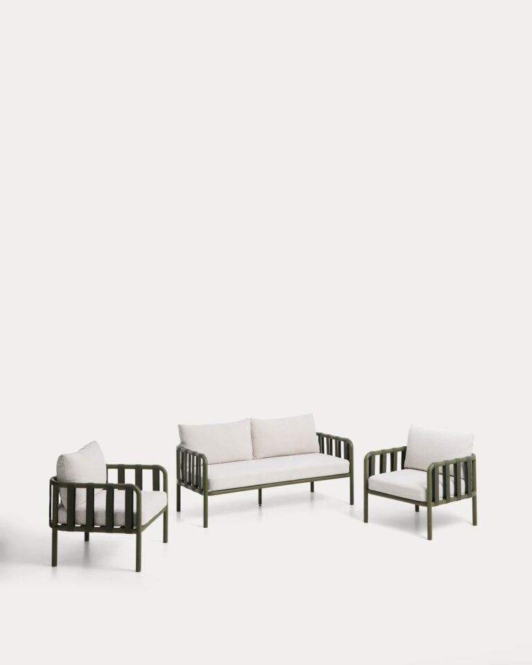 Set Omala de sofá de 2 plazas y 2 sillones con estructura de aluminio verde