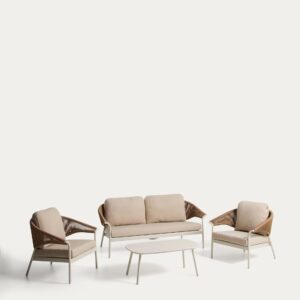 Set Zuara de sofá 3 plazas, 2 sillones y mesa de centro de exterior de aluminio crudo y cu