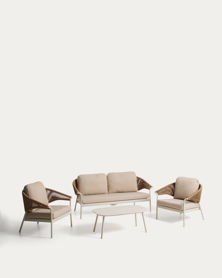 Set Zuara de sofá 3 plazas, 2 sillones y mesa de centro de exterior de aluminio crudo y cu