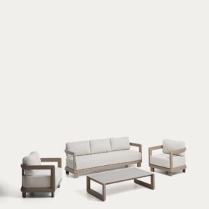 Set Nerano de sofá 3 plazas, 2 butacas y mesa de centro de vidrio templado y aluminio topo
