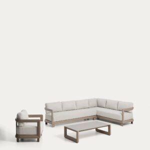 Set Nerano de sofá rinconero 5 plazas, butaca y mesa de centro de vidrio templado y alumin
