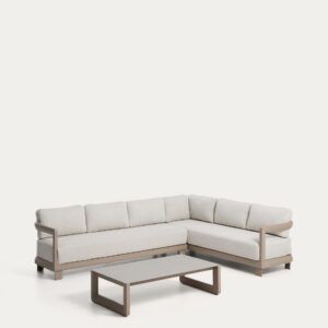 Set Nerano de sofá rinconero 5 plazas y mesa de centro de vidrio templado y aluminio topo