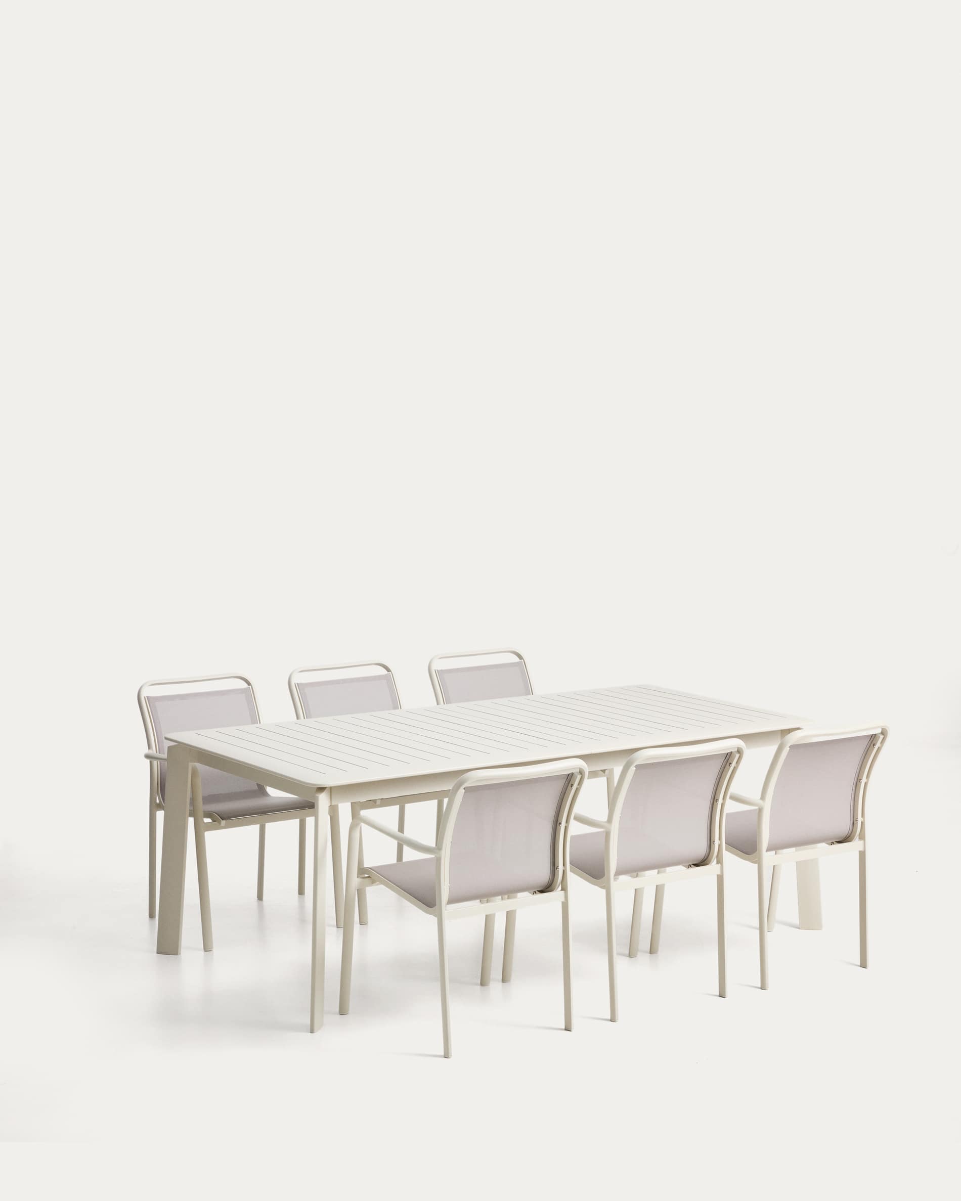 Set de mesa extensible Brela de aluminio crudo y 6 sillas Luri de aluminio crudo y texteli