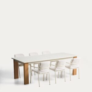 Set de mesa extensible Livorno aluminio beige y patas efecto madera y 6 sillas apilables L