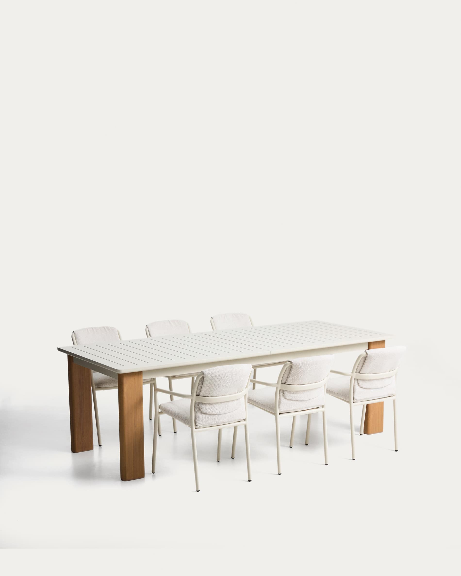 Set de mesa extensible Livorno aluminio beige y patas efecto madera y 6 sillas apilables L