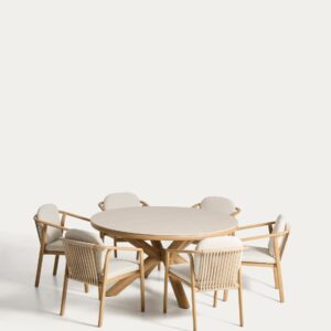 Set de mesa Mirtia de aluminio efecto madera y piedra sinterizada crudo y 6 sillas Sirte d