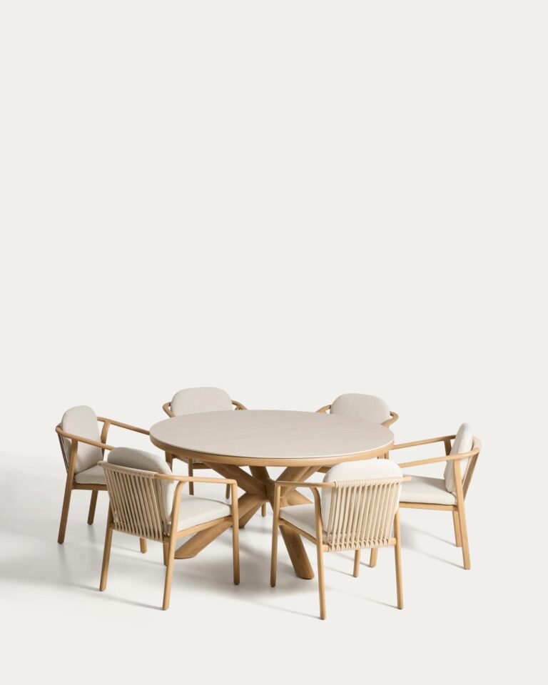Set de mesa Mirtia de aluminio efecto madera y piedra sinterizada crudo y 6 sillas Sirte d