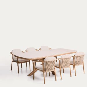 Set de mesa Mirtia de aluminio efecto madera y piedra sinterizada crudo y 6 sillas Sirte d