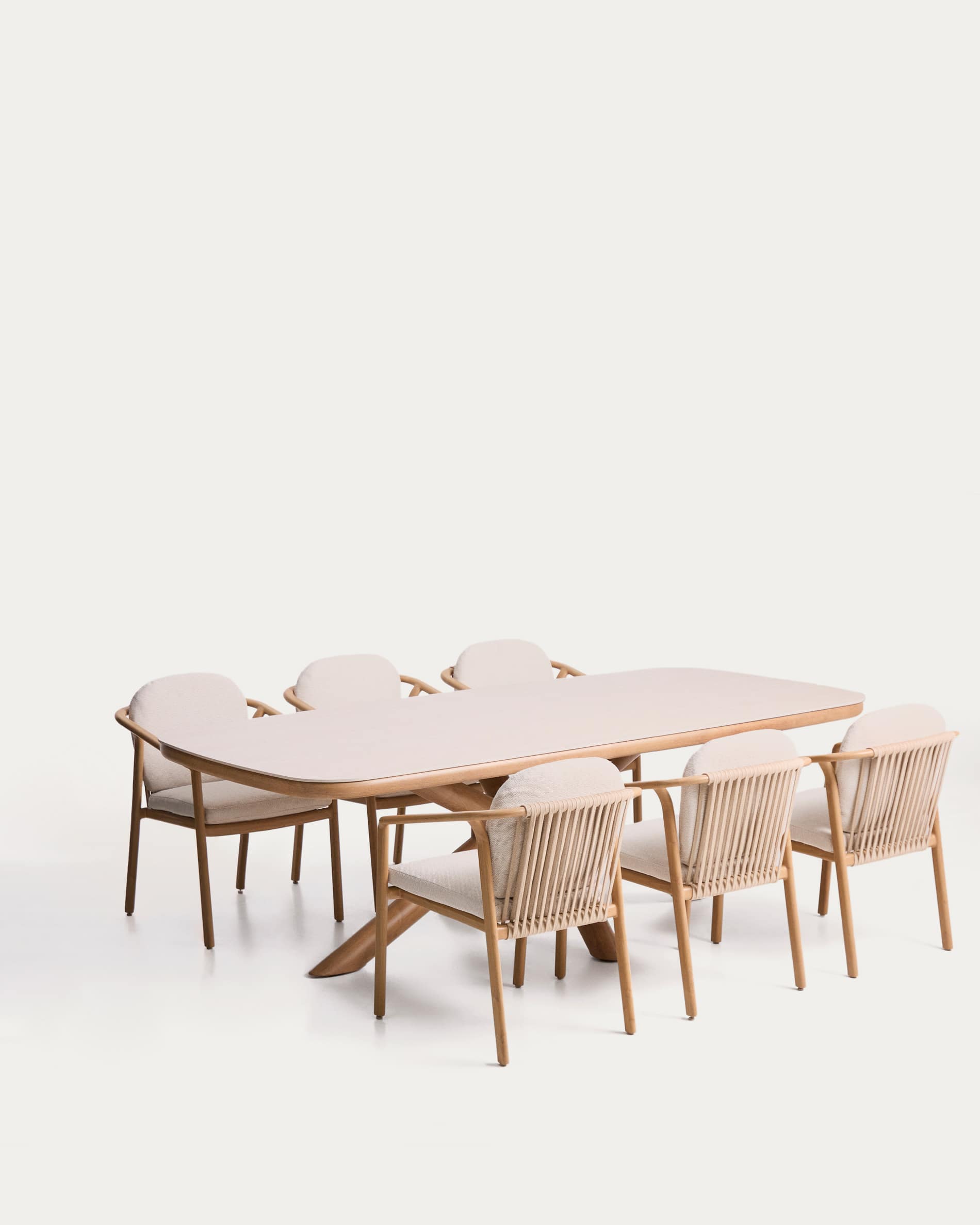 Set de mesa Mirtia de aluminio efecto madera y piedra sinterizada crudo y 6 sillas Sirte d