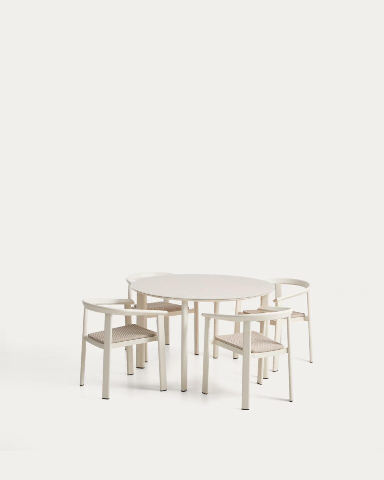 Set Erice de 4 sillas apilables de aluminio y cuerda y mesa de aluminio y vidrio templado