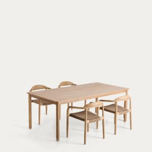 Set de mesa Sori de madera maciza de acacia y 4 sillas apilables Nina de madera maciza de
