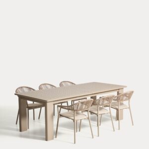 Set de mesa extensible Livorno de aluminio topo y 6 sillas Alimia de aluminio topo y cuerd